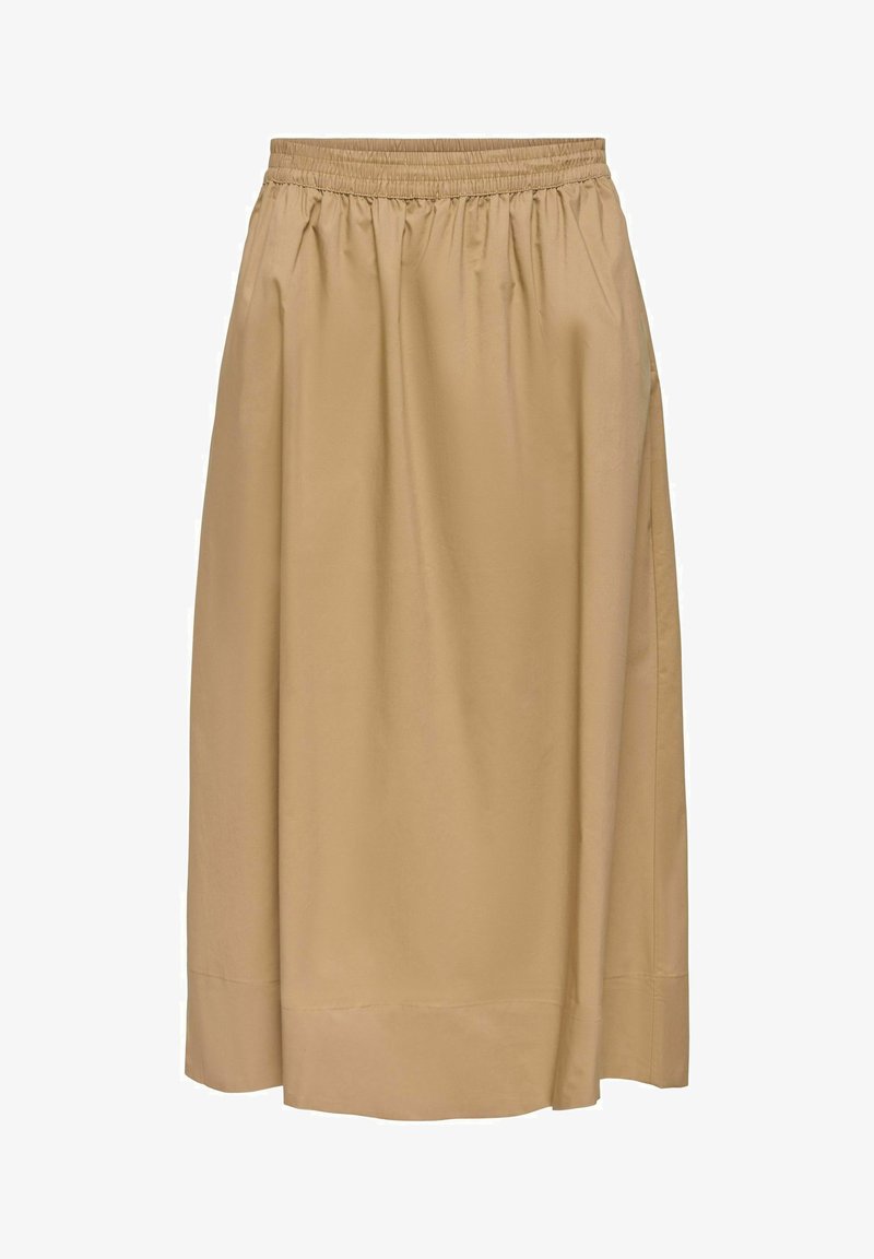 Jupe midi beige avec taille élastique, texture lisse et ourlet droit, adaptée pour un usage décontracté ou formel.