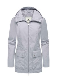 Giacca grigio chiaro con chiusura a zip, grande cappuccio e due tasche anteriori con chiusura a scatto. Tessuto liscio con una vestibilità strutturata.