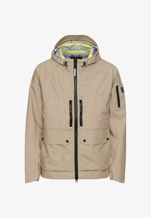 Beige wasserabweisende Jacke mit Kapuze, ausgestattet mit schwarzen Reißverschlusstaschen, vorderen Druckknöpfen und einem gelb gefütterten Innenraum.