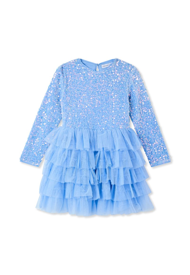 Niebieska sukienka z długimi rękawami, koronkowym bodicem pokrytym błyszczącymi cekinami oraz warstwową spódnicą z tiulu z falbaniastymi warstwami.