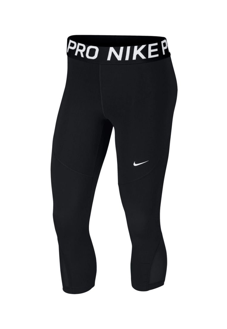 Musta Nike Pro -legginsit, joissa on leveä vyötärö, jossa lukee "PRO", sileä pinta ja polvipituiset designit, joissa on huomaamaton swoosh-logo.