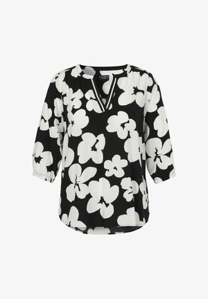 Schwarze Bluse mit großem weißem Blumenmuster, Dreiviertelärmeln und V-Ausschnitt mit gestreiftem Besatz.