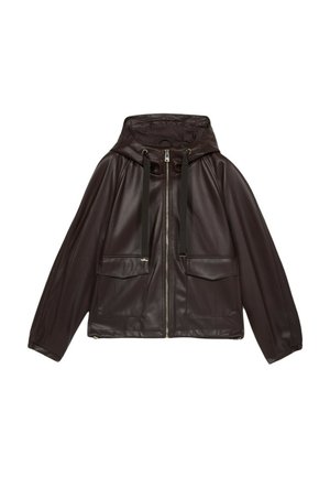 Braune Kunstlederjacke mit Kapuze, Reißverschluss, Kordelzügen und zwei vorderen Taschen. Verfügt über einen lockeren Schnitt und eine glatte Textur.