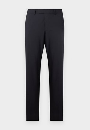 Mørkeblå skræddersyede bukser med flad front, slim fit, sidelommer og en glat tekstur; ingen synlige mønstre eller dekorative elementer.