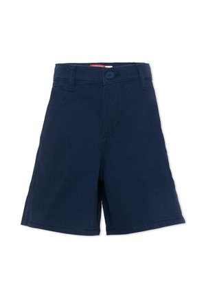 Pantalones cortos casuales de color azul marino con cierre de botón y cremallera, trabillas para cinturón y dobladillo recto para niños o adultos.