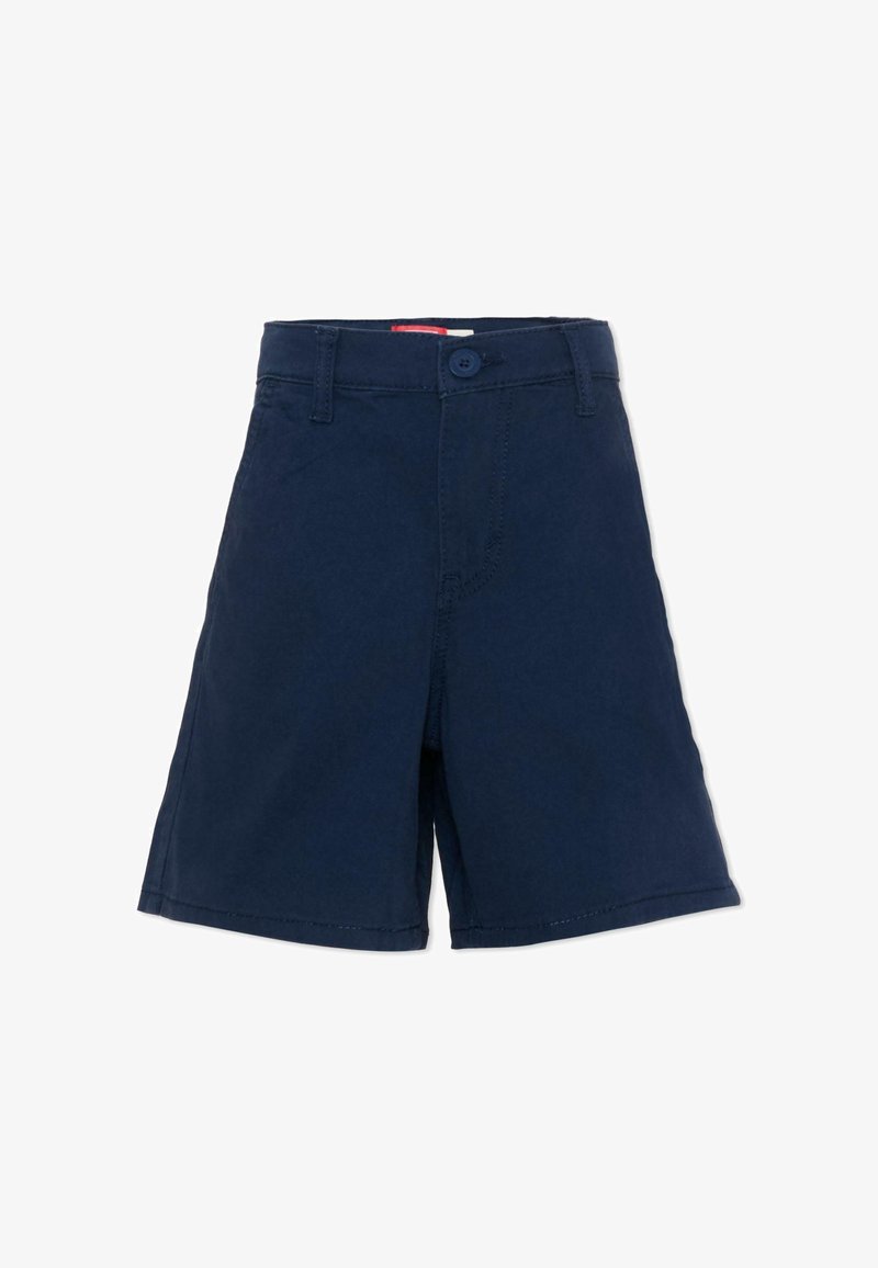 Shorts décontractés bleu marine avec fermeture bouton et zip, passants pour ceinture et ourlet droit, pour enfants ou adultes.