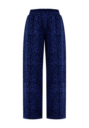 Marineblauwe wijderechte broek met donker luipaardprintpatroon en elastische tailleband, getoond op witte achtergrond.