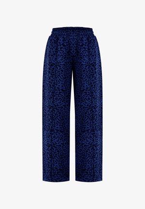 Marineblauwe wijderechte broek met donker luipaardprintpatroon en elastische tailleband, getoond op witte achtergrond.