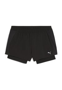 Black athletic shorts with an elastic waistband, featuring a layered design, and a small white Puma logo on the side.