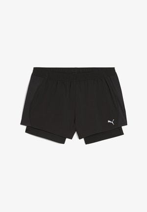 Zwarte sportshorts met een elastische tailleband, met een gelaagd ontwerp en een klein wit Puma-logo aan de zijkant.