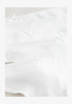 Sous-vêtements en coton blanc avec un délicat bord en dentelle, ornés de petits nœuds blancs sur la taille. Texture simple et lisse avec des bords élastiques.