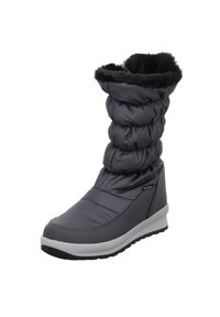 Szare wodoodporne buty z pikowanym cholewką, sztucznym futrem w środku i wyprofilowaną podeszwą. Posiadają przeszywane akcenty oraz okrągły design noska.