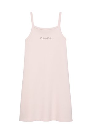 Calvin Klein mouwloze jurk van zachtroze stof, met een rechte.snit, minimalistisch ontwerp en subtiele merklogo geprint nabij de halslijn.