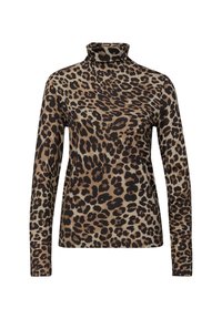 Leopardmønstret rullekravebluse lavet af blødt stof, med lange ærmer, en figursyet pasform og et neutralt farvevalg i brune og sorte nuancer.