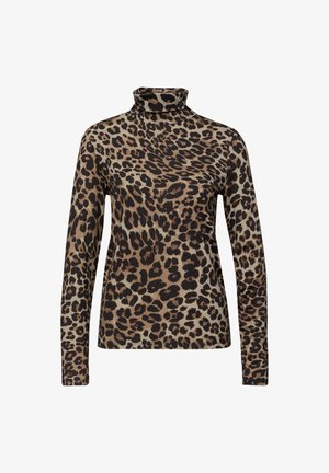 Top de cuello alto con estampado de leopardo hecho de tela suave, con mangas largas, diseño ajustado y una paleta de colores neutros en tonos marrones y negros.