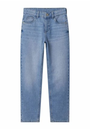 Jeans in denim blu chiaro con taglio dritto, cinque tasche e chiusura anteriore con bottone, caratterizzati da un leggero sbiadimento e cuciture classiche.