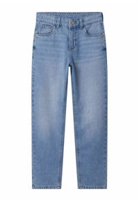 Hele sinine teksapüksid, sirge säärega disain, viis taskut, metallist nööp sulgur, pleekinud tekstuuri ja peente õmblustega.