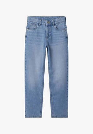 Svetlo modre jeans hlače iz denima, ravna nogavica, pet žepov, zapenjanje z gumbom iz kovine, z zbledele teksturo in subtilnimi šivi.