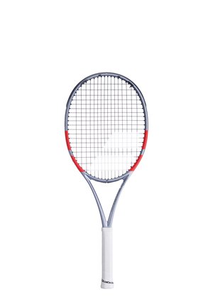 Tennisketsjer med en grå ramme, røde accenter og hvidt greb. Åbent strengmønster i hovedet, let forlænget oval form.