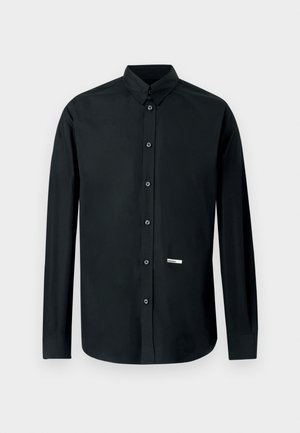 Black long-sleeve shirt made of smooth fabric. Features a button-down collar, front buttons, and a small logo tag on the bottom left side.