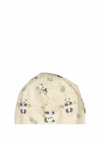 Vaaleancremeä puuvillapipoa, jossa on toistuva pandakuosi, vihreät bambusomisteet ja pehmeä, sileä pinta.