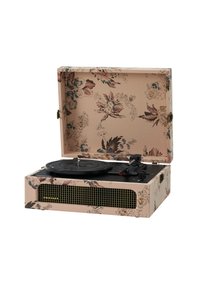 Floral-patterned portable turntable with an open lid, featuring a black platter, control knobs, and a gold mesh speaker grille.