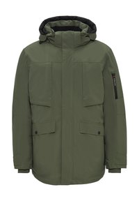 Olivgrüner Parka mit Kapuze, vorderen Klappentaschen und einem Reißverschlusstasche am Ärmel. Glatte Textur, dickes Material zur Isolierung.