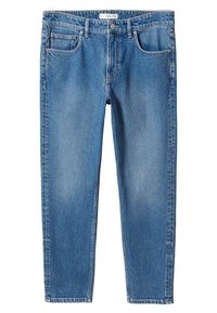 Světle modré džínové kalhoty s rovným střihem, pěti kapsami a zapínáním na knoflíky. Charakteristické jemné vyblednutí a zdobení stehy podél švů.