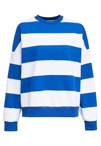 Blue and white striped sweatshirt with a crew neck, long sleeves, ribbed cuffs, and hem. Soft cotton material with a relaxed fit.