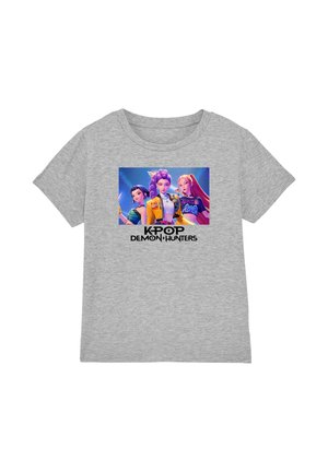 Gray T-shirt with a colorful graphic of three animated female K-pop characters and "KPOP DEMON HUNTERS" text below them.
