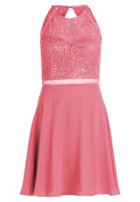 Pink dress with a halter neck and lace bodice featuring floral patterns and sequins. Flared skirt made of smooth fabric.