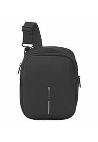 Black shoulder bag made of textured fabric, featuring dual zippers, adjustable strap, and a logo accent on the front.