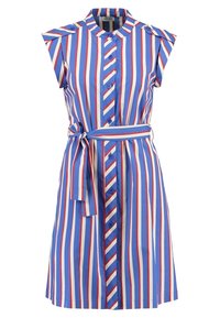 Gestreiftes Kleid in Blau, Rot und Weiß. Verfügt über kurze Ärmel, einen Kragen, Frontknöpfe und einen gebundenen Taillengürtel. Glatte Stoffstruktur.