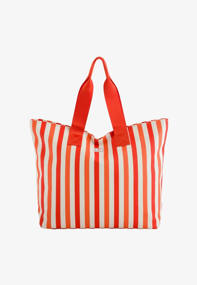 Červenobílá pruhovaná taška přes rameno se dvěma pevným červenými uchy, s širokým otvorem a pevnou strukturou. Vyrobeno z odolného materiálu.