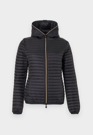 Mustast kerge kaaluga ruuduline jope kapuutsiga ja esikülje tõmblukuga, millel on horisontaalsed õmblused ja elastsed mansetid.