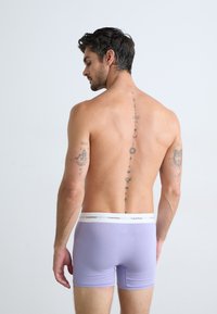 Boxeri pentru bărbați de culoare lavandă, cu un brâu alb cu logo-ul Calvin Klein, confecționați dintr-un material moale, având un design fără cusături și o croială ajustată.
