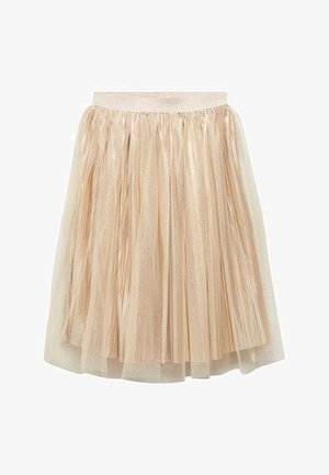 Jupe en tulle beige longueur genou avec taille élastique, composée de plusieurs panneaux superposés transparents et de légers accents scintillants partout.