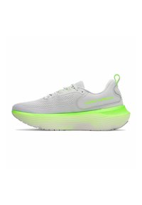 Light gray athletic shoes with a breathable mesh upper, green accents, and a thick, textured sole featuring a luminous green stripe.
