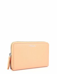 Peach-colored wallet made of textured leather with a zip closure, featuring silver hardware and a logo embossed on the front.