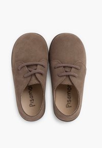 Scarpe in camoscio marroni con forma arrotondata, due occhielli per i lacci e lacci piatti. La soletta presenta un nome di marca stampato.