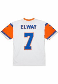 Weißes Fußballtrikot mit orangefarbenen Ärmeln, blauer und orangefarbener Nummer 7 und dem Namen "ELWAY" auf dem Rücken.