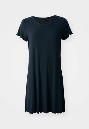 Vestido negro corto de canalé con escote redondo, mangas cortas con volantes y dobladillo fluido. Fabricado en un tejido suave con un acabado texturizado.