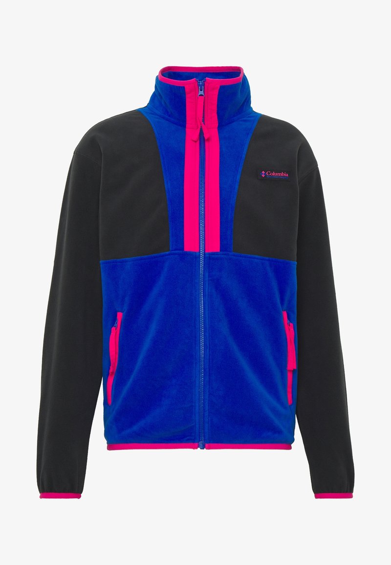 Veste en polaire avec un corps bleuâtre, des manches noires et des accents roses. Col montant avec une fermeture éclair à l'avant et des poches latérales zippées.