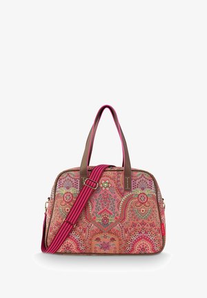 Pink and orange floral patterned handbag with brown handles and a detachable pink and red striped shoulder strap.