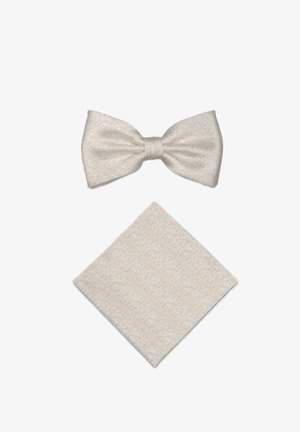 Cremefarbener Fliegen-Set mit strukturierter Oberfläche, bestehend aus Fliege und passendem Einstecktuch, flach auf weißem Hintergrund ausgelegt.