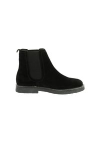 Black suede Chelsea boot featuring elastic side panels, a pull tab, and a textured rubber sole. Rounded toe with contrasting stitching detail.