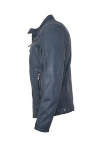 Blaue Lederjacke mit Reißverschlusstaschen, einem Druckknopfkragen und gestickten Schulterdetails, seitlich dargestellt.