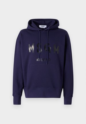 Felpa navy realizzata in misto cotone, con tasca frontale a marsupio, coulisse e stampa del logo riflettente "MSGM MILANO" sul petto.