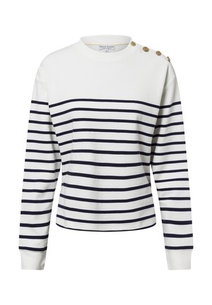 Weißes Sweatshirt mit navyblauen horizontalen Streifen, rundem Ausschnitt, langen Ärmeln und vier dekorativen goldenen Knöpfen an der Schulter.