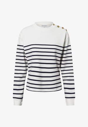 White sweatshirt with navy horizontal stripes, round neckline, long sleeves, and four decorative gold buttons on the shoulder.